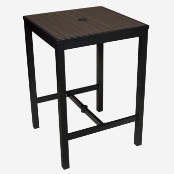 Aluminum Outdoor Bar Table in Black Finish and Dark Walnut Faux Teak