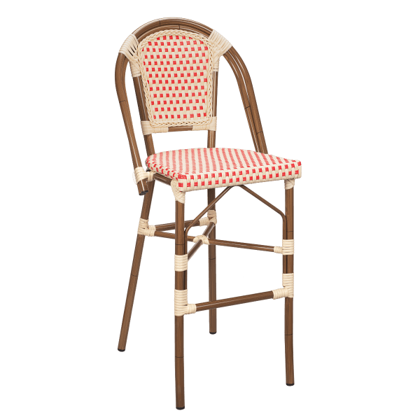 Aluminum Bamboo Bar Stool With Red & Cream Rattan Interior