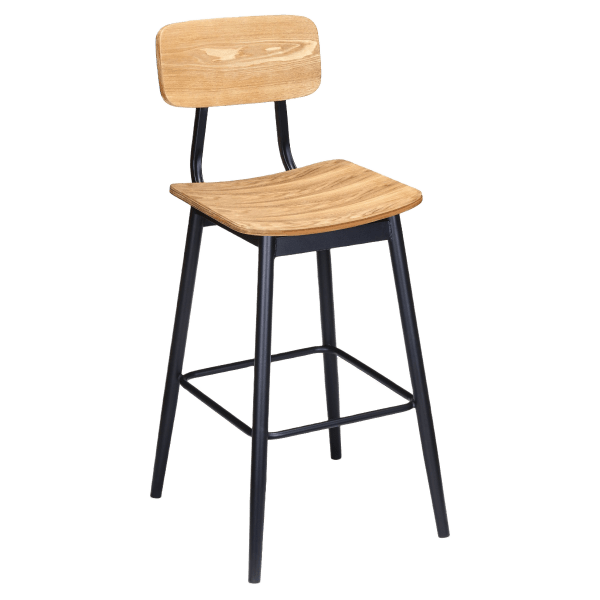 Basel Metal Bar Stool with Veneer Wood Back and Seat Interior